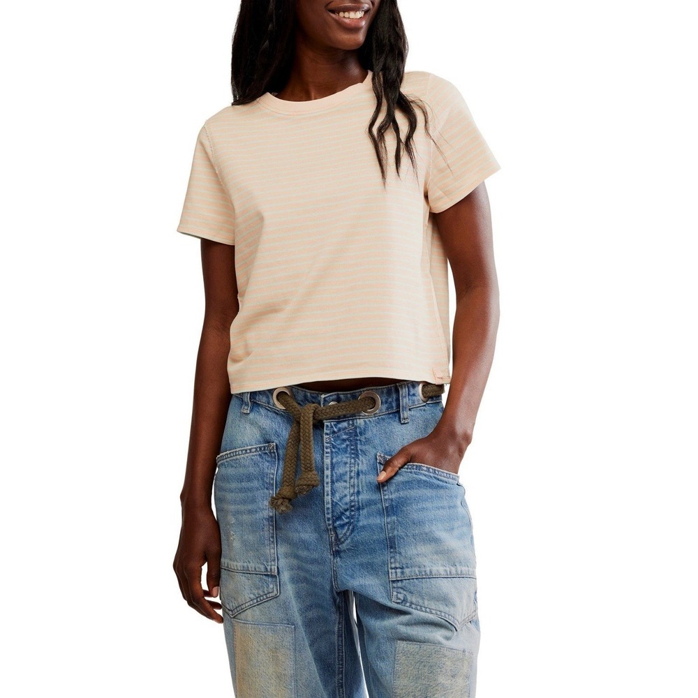 We The Free Baby Tee T Shirt Striped Peach‎ Mint Size S Boxy 100% Cotton Staple - Picture 3 of 11